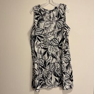 Tahari Dress Sleeveless Tank Black White Leaf Print 100% Linen Flax Plus Size 2X